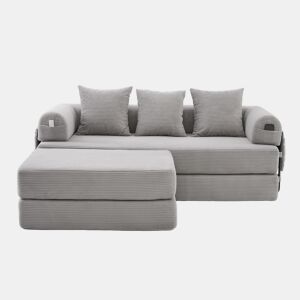 Sofá modular de 3 lugares - com pufe, estrutura metálica resistente, almofadas confortáveis, almofada extra grossa - cor cinza claro
