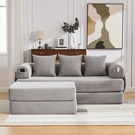 Sofá modular de 3 lugares - com pufe, estrutura metálica resistente, almofadas confortáveis, almofada extra grossa - cor cinza claro