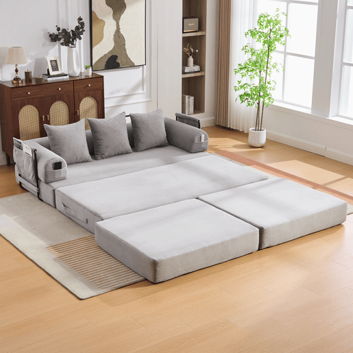 Sofá modular de 3 lugares - com pufe, estrutura metálica resistente, almofadas confortáveis, almofada extra grossa - cor cinza claro