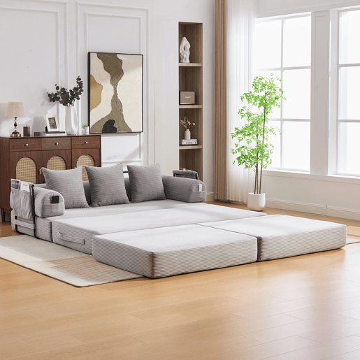 Sofá modular de 3 lugares - com pufe, estrutura metálica resistente, almofadas confortáveis, almofada extra grossa - cor cinza claro
