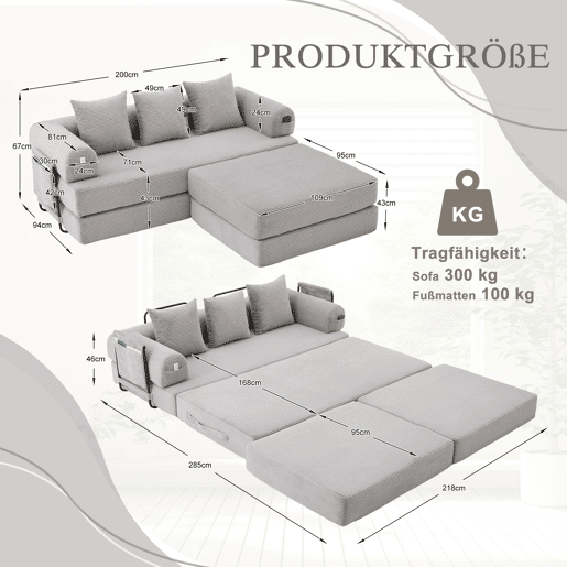 Sofá modular de 3 lugares - com pufe, estrutura metálica resistente, almofadas confortáveis, almofada extra grossa - cor cinza claro