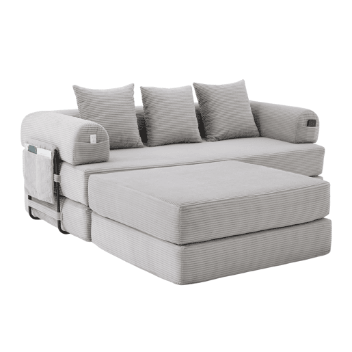 Sofá modular de 3 lugares - com pufe, estrutura metálica resistente, almofadas confortáveis, almofada extra grossa - cor cinza claro