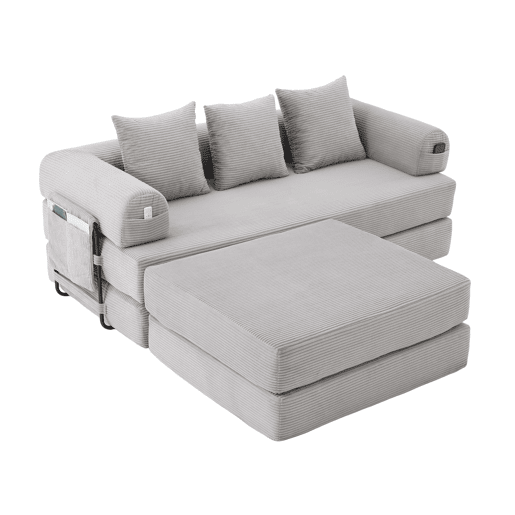 Sofá modular de 3 lugares - com pufe, estrutura metálica resistente, almofadas confortáveis, almofada extra grossa - cor cinza claro