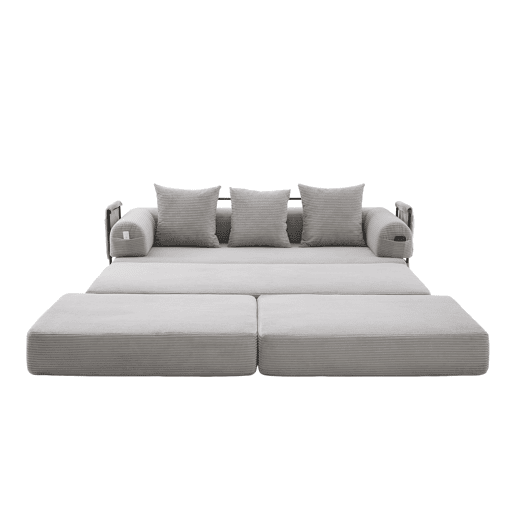 Sofá modular de 3 lugares - com pufe, estrutura metálica resistente, almofadas confortáveis, almofada extra grossa - cor cinza claro