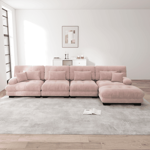 Sofá modular em L - 4 lugares, chaise longue removível, combinação DIY, chenille confortável - Rosa Sofá modular em L - 4 lugares, chaise longue removível, combinação DIY, chenille confortável - Rosa