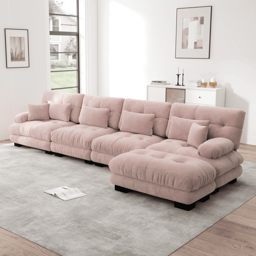 Sofá modular em L - 4 lugares, chaise longue removível, combinação DIY, chenille confortável - Rosa Sofá modular em L - 4 lugares, chaise longue removível, combinação DIY, chenille confortável - Rosa