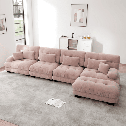 Sofá modular em L - 4 lugares, chaise longue removível, combinação DIY, chenille confortável - Rosa Sofá modular em L - 4 lugares, chaise longue removível, combinação DIY, chenille confortável - Rosa