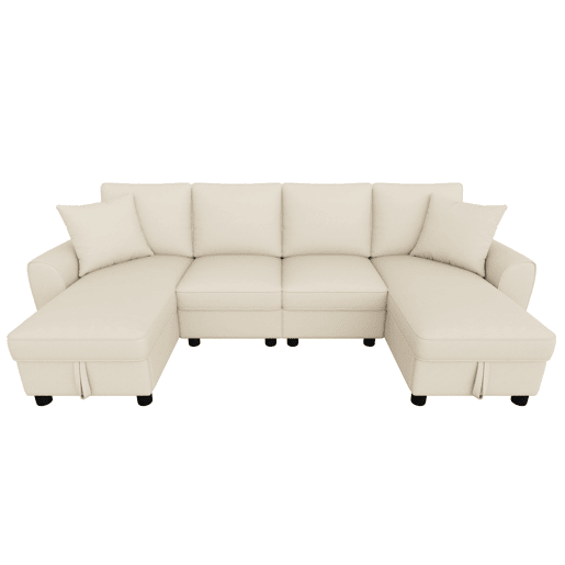 Sofá modular em U de 280 cm - Chenille, 2 lugares com 2 chaise longues, baú de arrumação e almofadas - Bege