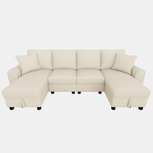 Sofá modular em U de 280 cm - Chenille, 2 lugares com 2 chaise longues, baú de arrumação e almofadas - Bege