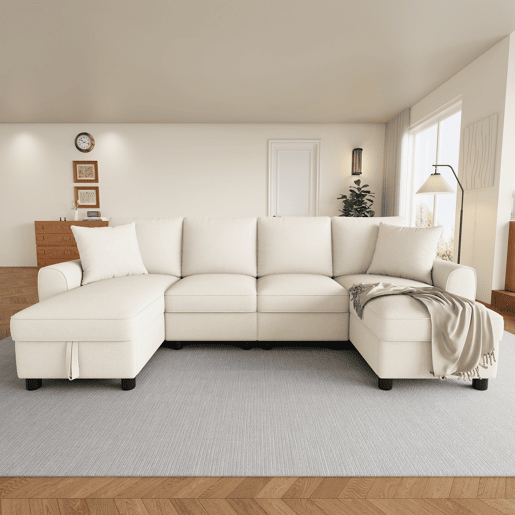 Sofá modular em U de 280 cm - Chenille, 2 lugares com 2 chaise longues, baú de arrumação e almofadas - Bege