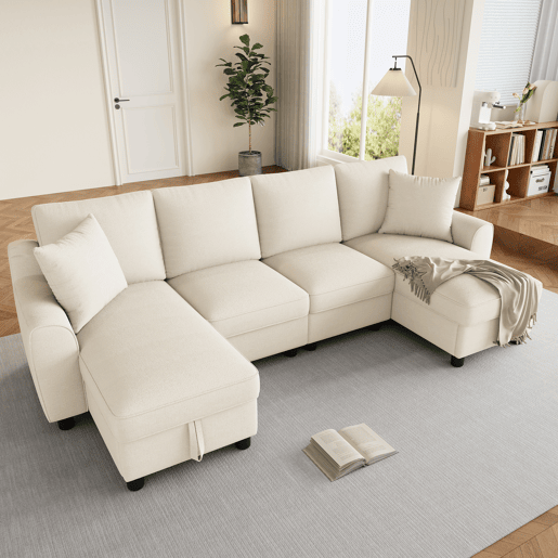 Sofá modular em U de 280 cm - Chenille, 2 lugares com 2 chaise longues, baú de arrumação e almofadas - Bege