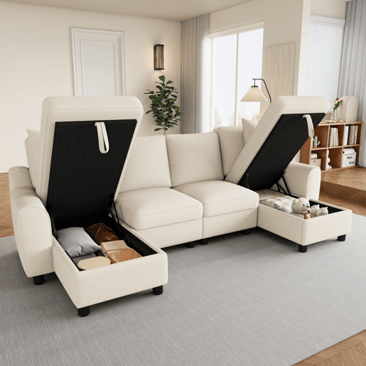 Sofá modular em U de 280 cm - Chenille, 2 lugares com 2 chaise longues, baú de arrumação e almofadas - Bege