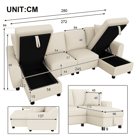 Sofá modular em U de 280 cm - Chenille, 2 lugares com 2 chaise longues, baú de arrumação e almofadas - Bege