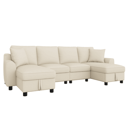 Sofá modular em U de 280 cm - Chenille, 2 lugares com 2 chaise longues, baú de arrumação e almofadas - Bege