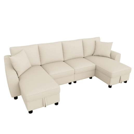 Sofá modular em U de 280 cm - Chenille, 2 lugares com 2 chaise longues, baú de arrumação e almofadas - Bege