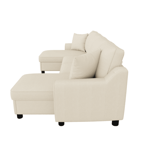 Sofá modular em U de 280 cm - Chenille, 2 lugares com 2 chaise longues, baú de arrumação e almofadas - Bege