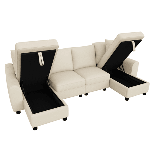 Sofá modular em U de 280 cm - Chenille, 2 lugares com 2 chaise longues, baú de arrumação e almofadas - Bege