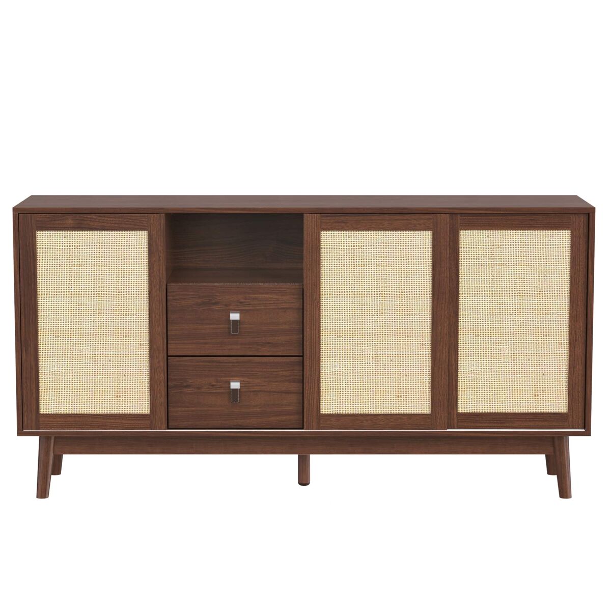 Aparador 155 x 38 x 80 cm - 3 puertas correderas de ratán natural y 2 cajones, estable y versátil - madera