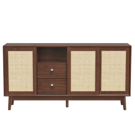 Aparador 155 x 38 x 80 cm u2013 3 portas de correr em rattan natural e 2 gavetas, estável e versátil u2013 Madeira Aparador 155 x 38 x 80 cm u2013 3 portas de correr em rattan natural e 2 gavetas, estável e versátil u2013 Madeira