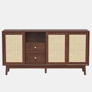 Aparador 155 x 38 x 80 cm u2013 3 portas de correr em rattan natural e 2 gavetas, estável e versátil u2013 Madeira