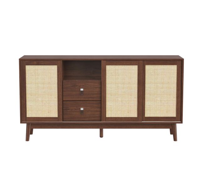 Aparador 155 x 38 x 80 cm - 3 puertas correderas de ratán natural y 2 cajones, estable y versátil - madera