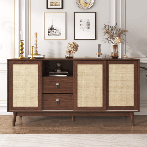 Aparador 155 x 38 x 80 cm u2013 3 portas de correr em rattan natural e 2 gavetas, estável e versátil u2013 Madeira Aparador 155 x 38 x 80 cm u2013 3 portas de correr em rattan natural e 2 gavetas, estável e versátil u2013 Madeira