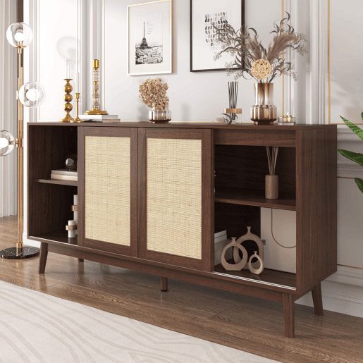 Aparador 155 x 38 x 80 cm u2013 3 portas de correr em rattan natural e 2 gavetas, estável e versátil u2013 Madeira Aparador 155 x 38 x 80 cm u2013 3 portas de correr em rattan natural e 2 gavetas, estável e versátil u2013 Madeira