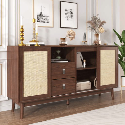 Aparador 155 x 38 x 80 cm u2013 3 portas de correr em rattan natural e 2 gavetas, estável e versátil u2013 Madeira Aparador 155 x 38 x 80 cm u2013 3 portas de correr em rattan natural e 2 gavetas, estável e versátil u2013 Madeira