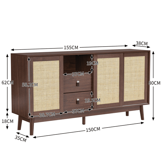 Aparador 155 x 38 x 80 cm u2013 3 portas de correr em rattan natural e 2 gavetas, estável e versátil u2013 Madeira Aparador 155 x 38 x 80 cm u2013 3 portas de correr em rattan natural e 2 gavetas, estável e versátil u2013 Madeira