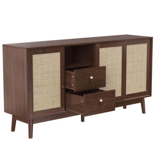 Aparador 155 x 38 x 80 cm u2013 3 portas de correr em rattan natural e 2 gavetas, estável e versátil u2013 Madeira Aparador 155 x 38 x 80 cm u2013 3 portas de correr em rattan natural e 2 gavetas, estável e versátil u2013 Madeira