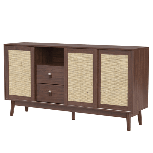 Aparador 155 x 38 x 80 cm u2013 3 portas de correr em rattan natural e 2 gavetas, estável e versátil u2013 Madeira Aparador 155 x 38 x 80 cm u2013 3 portas de correr em rattan natural e 2 gavetas, estável e versátil u2013 Madeira