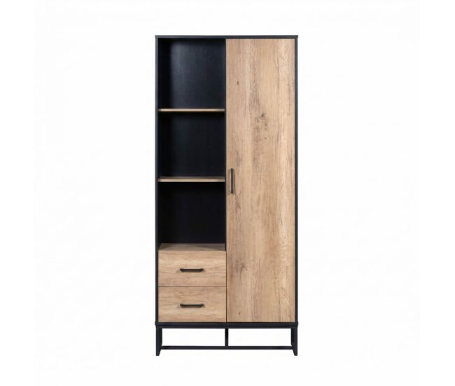 Aparador alto 80x40x180 cm - 1 puerta 2 cajones 3 compartimentos abiertos marco negro - negro+madera
