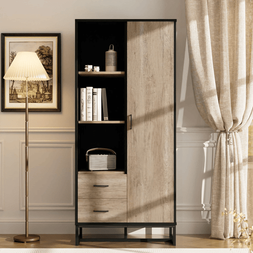 Aparador alto 80x40x180 cm - 1 porta, 2 gavetas, 3 compartimentos abertos, moldura preta - Preto + Madeira Aparador alto 80x40x180 cm - 1 porta, 2 gavetas, 3 compartimentos abertos, moldura preta - Preto + Madeira