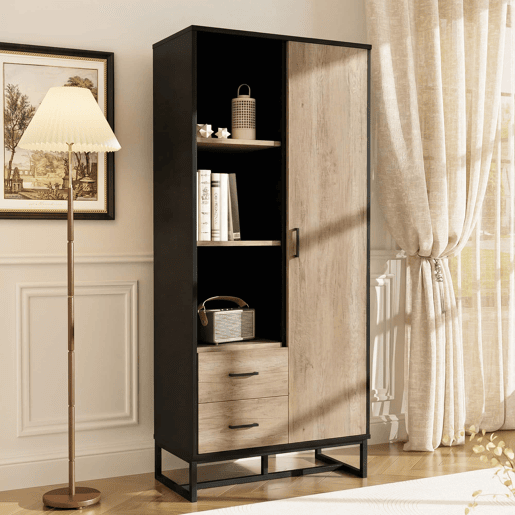 Aparador alto 80x40x180 cm - 1 porta, 2 gavetas, 3 compartimentos abertos, moldura preta - Preto + Madeira Aparador alto 80x40x180 cm - 1 porta, 2 gavetas, 3 compartimentos abertos, moldura preta - Preto + Madeira