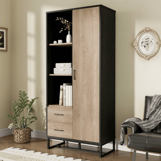 Aparador alto 80x40x180 cm - 1 porta, 2 gavetas, 3 compartimentos abertos, moldura preta - Preto + Madeira Aparador alto 80x40x180 cm - 1 porta, 2 gavetas, 3 compartimentos abertos, moldura preta - Preto + Madeira