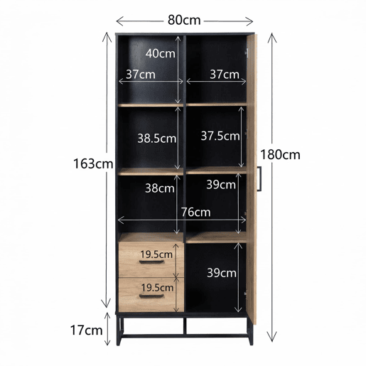 Aparador alto 80x40x180 cm - 1 porta, 2 gavetas, 3 compartimentos abertos, moldura preta - Preto + Madeira Aparador alto 80x40x180 cm - 1 porta, 2 gavetas, 3 compartimentos abertos, moldura preta - Preto + Madeira