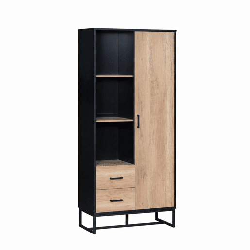 Aparador alto 80x40x180 cm - 1 porta, 2 gavetas, 3 compartimentos abertos, moldura preta - Preto + Madeira Aparador alto 80x40x180 cm - 1 porta, 2 gavetas, 3 compartimentos abertos, moldura preta - Preto + Madeira
