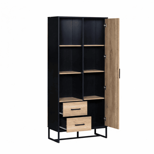 Aparador alto 80x40x180 cm - 1 porta, 2 gavetas, 3 compartimentos abertos, moldura preta - Preto + Madeira Aparador alto 80x40x180 cm - 1 porta, 2 gavetas, 3 compartimentos abertos, moldura preta - Preto + Madeira