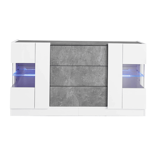 Aparador 140 x 35 x 75 cm - 2 portas, 3 gavetas, LED com 16 cores e frentes de alto brilho - Branco e mármore cinzento Aparador 140 x 35 x 75 cm - 2 portas, 3 gavetas, LED com 16 cores e frentes de alto brilho - Branco e mármore cinzento