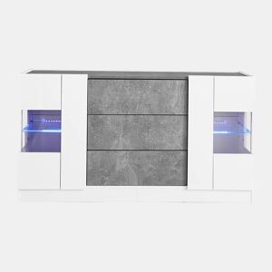 Aparador 140 x 35 x 75 cm - 2 portas, 3 gavetas, LED com 16 cores e frentes de alto brilho - Branco e mármore cinzento