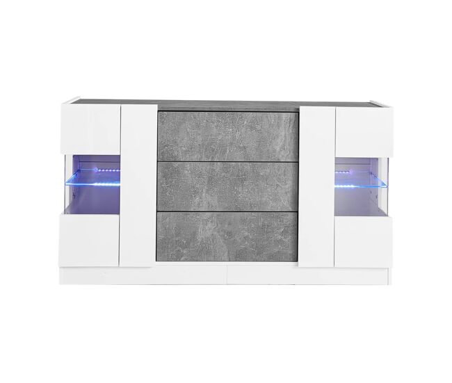 Aparador 140 x 35 x 75 cm - 2 puertas, 3 cajones, led de 16 colores y frentes de alto brillo - blanco y mármol gris