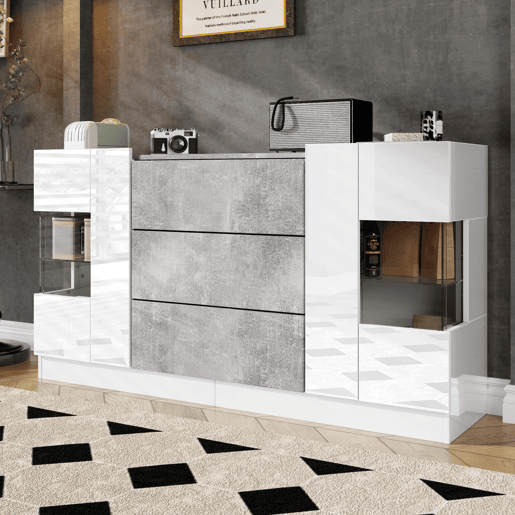 Aparador 140 x 35 x 75 cm - 2 portas, 3 gavetas, LED com 16 cores e frentes de alto brilho - Branco e mármore cinzento Aparador 140 x 35 x 75 cm - 2 portas, 3 gavetas, LED com 16 cores e frentes de alto brilho - Branco e mármore cinzento