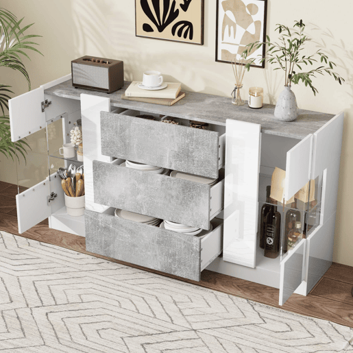 Aparador 140 x 35 x 75 cm - 2 portas, 3 gavetas, LED com 16 cores e frentes de alto brilho - Branco e mármore cinzento Aparador 140 x 35 x 75 cm - 2 portas, 3 gavetas, LED com 16 cores e frentes de alto brilho - Branco e mármore cinzento