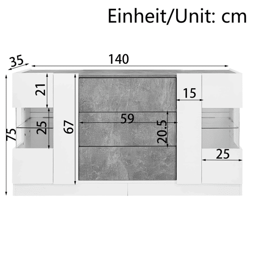 Aparador 140 x 35 x 75 cm - 2 portas, 3 gavetas, LED com 16 cores e frentes de alto brilho - Branco e mármore cinzento Aparador 140 x 35 x 75 cm - 2 portas, 3 gavetas, LED com 16 cores e frentes de alto brilho - Branco e mármore cinzento