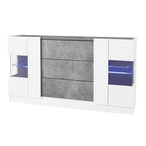 Aparador 140 x 35 x 75 cm - 2 portas, 3 gavetas, LED com 16 cores e frentes de alto brilho - Branco e mármore cinzento Aparador 140 x 35 x 75 cm - 2 portas, 3 gavetas, LED com 16 cores e frentes de alto brilho - Branco e mármore cinzento