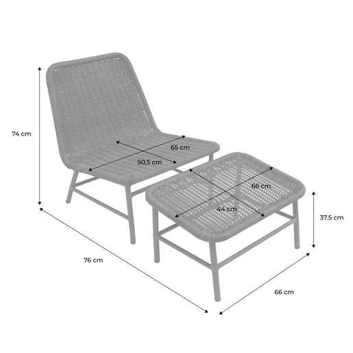 Cadeira reclinável em alumínio e corda com apoio para os pés, set de 2 Bege - 66x76x74 cm