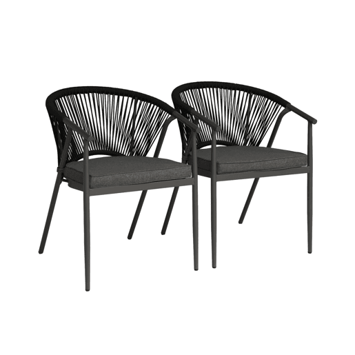 Cadeiras de jardim empilhável em aço e corda, set de 2 Preto - 56.5x58x77 cm Cadeiras de jardim empilhável em aço e corda, set de 2 Preto - 56.5x58x77 cm