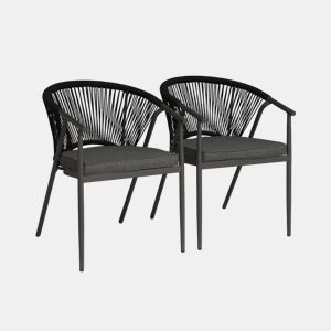 Cadeiras de jardim empilhável em aço e corda, set de 2 Preto - 56.5x58x77 cm