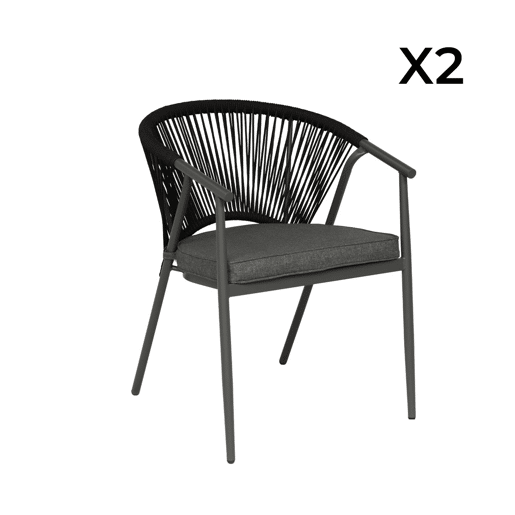Cadeiras de jardim empilhável em aço e corda, set de 2 Preto - 56.5x58x77 cm Cadeiras de jardim empilhável em aço e corda, set de 2 Preto - 56.5x58x77 cm