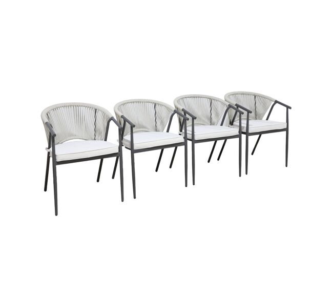 Sillón de jardín apilable de acero y cuerdas, set de 4 beige - 56.5x58x77 cm